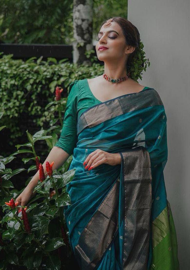 Teal Printed Linen Saree