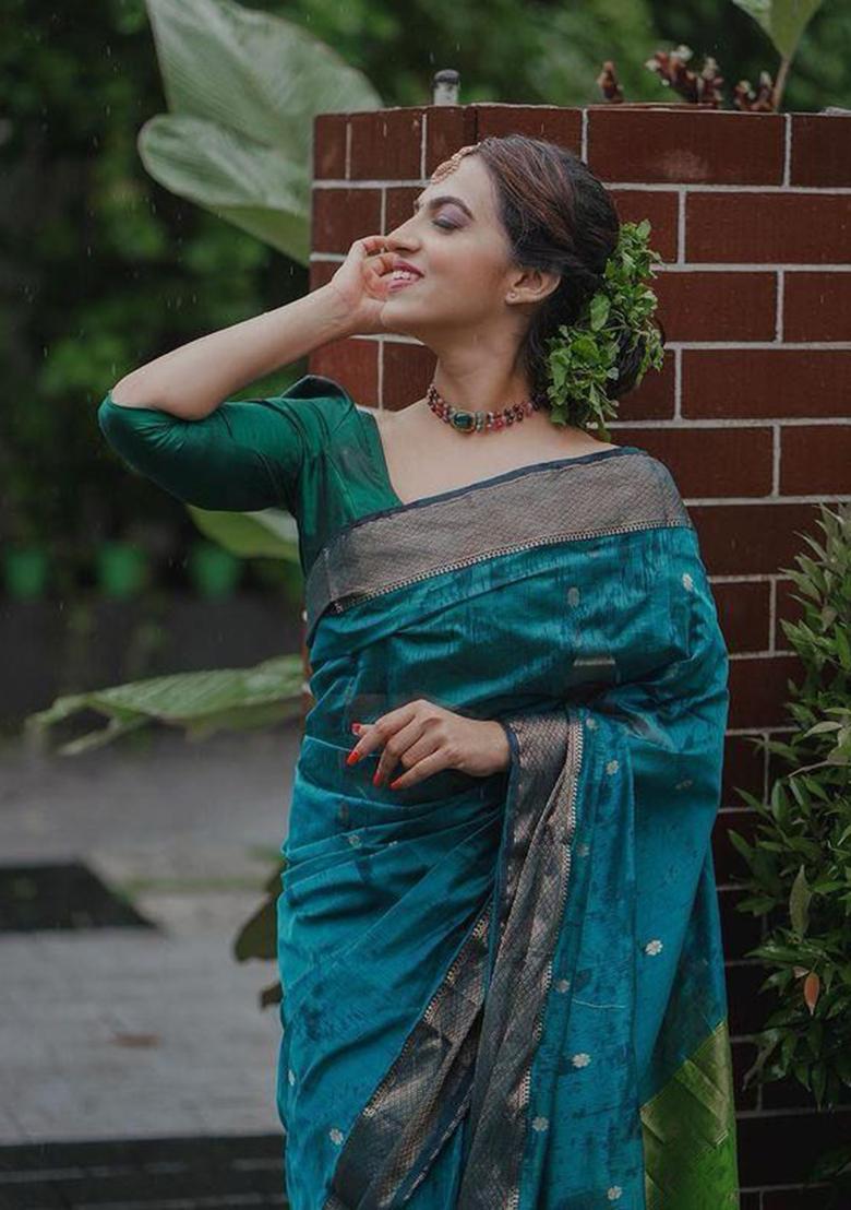 Teal Printed Linen Saree
