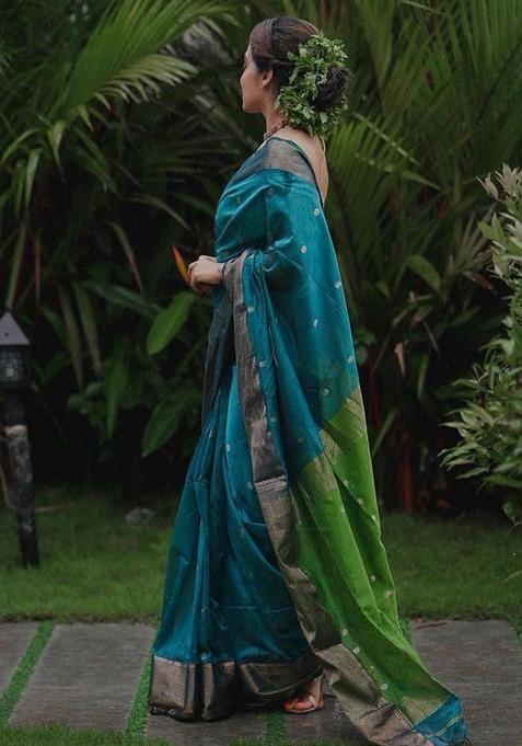 Teal Printed Linen Saree
