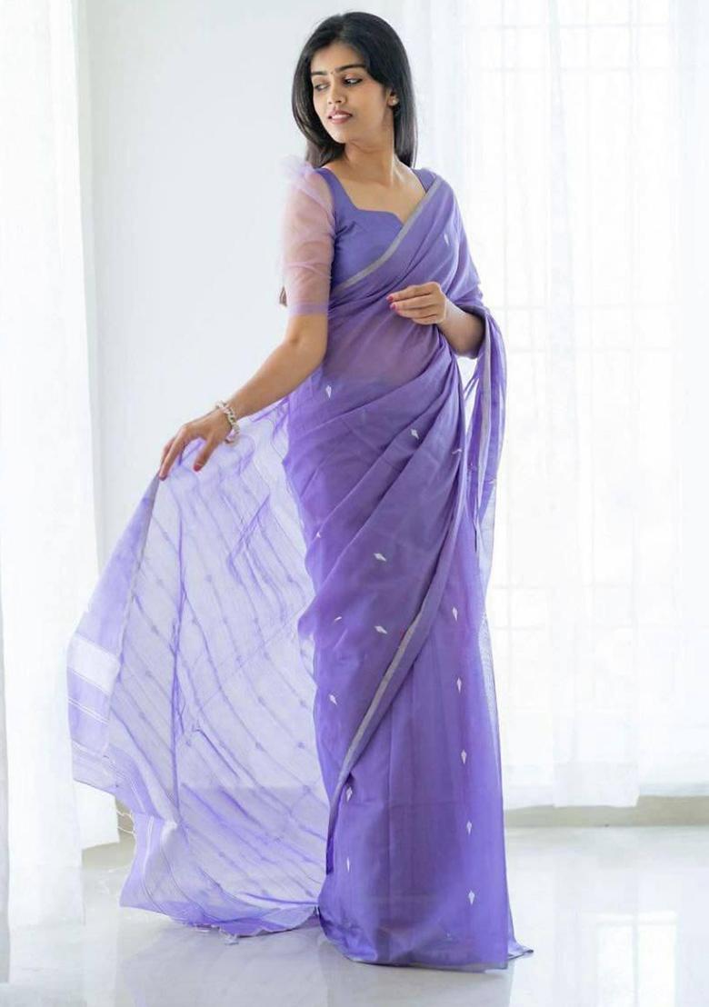 Lavender Printed Linen Saree
