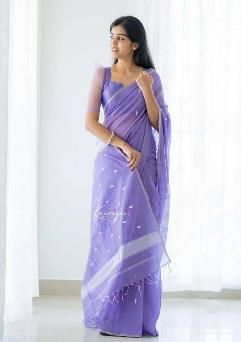 Lavender Printed Linen Saree