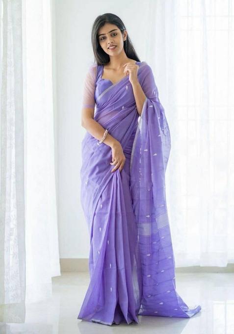 Lavender Printed Linen Saree