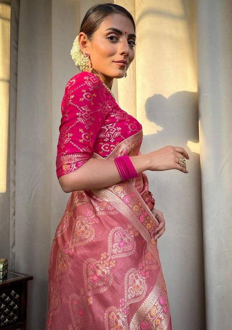 Pink Printed Silk Saree