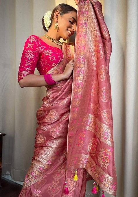 Pink Printed Silk Saree
