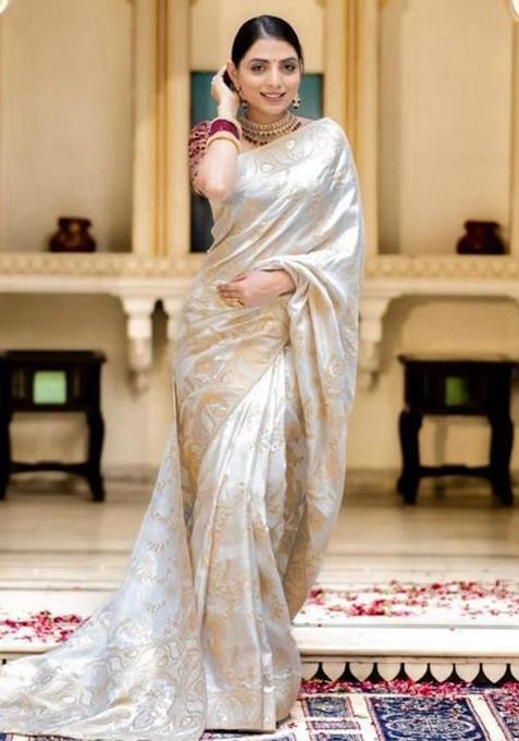 White Printed Silk Saree