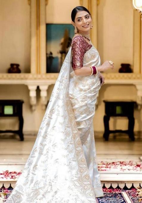 White Printed Silk Saree