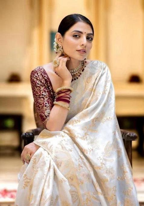 White Printed Silk Saree