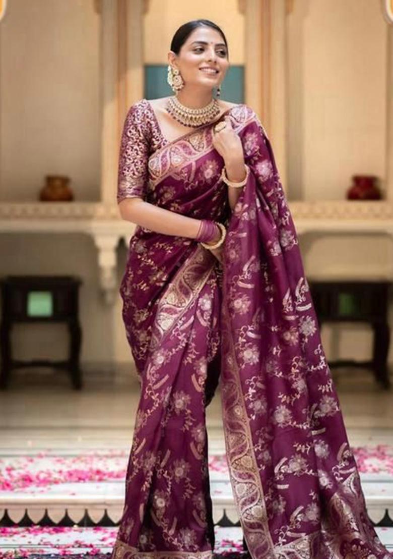Wine Printed Silk Saree