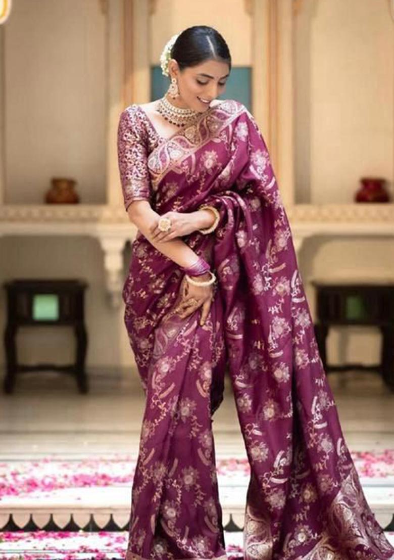 Wine Printed Silk Saree