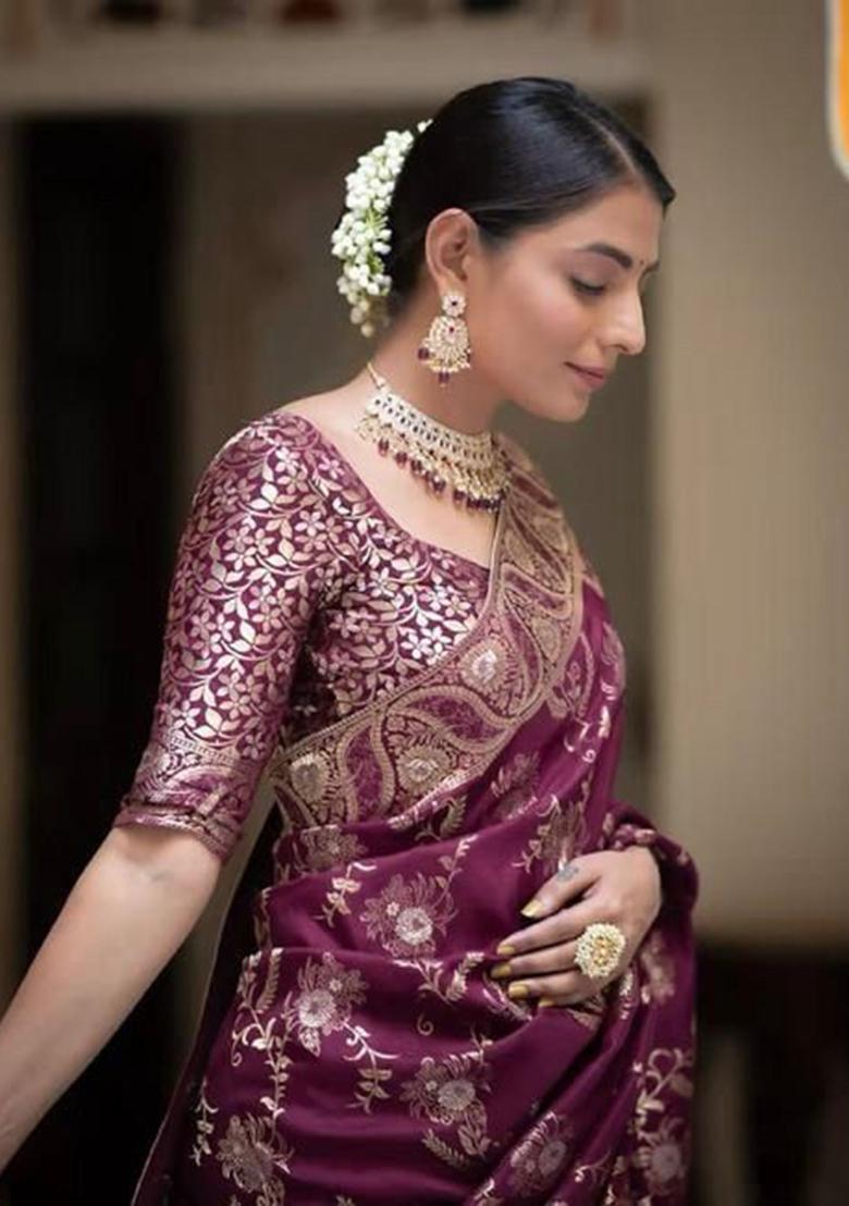 Wine Printed Silk Saree