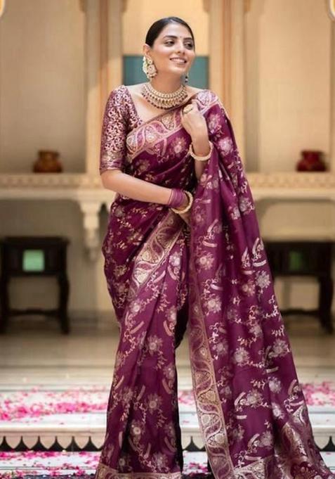 Wine Printed Silk Saree