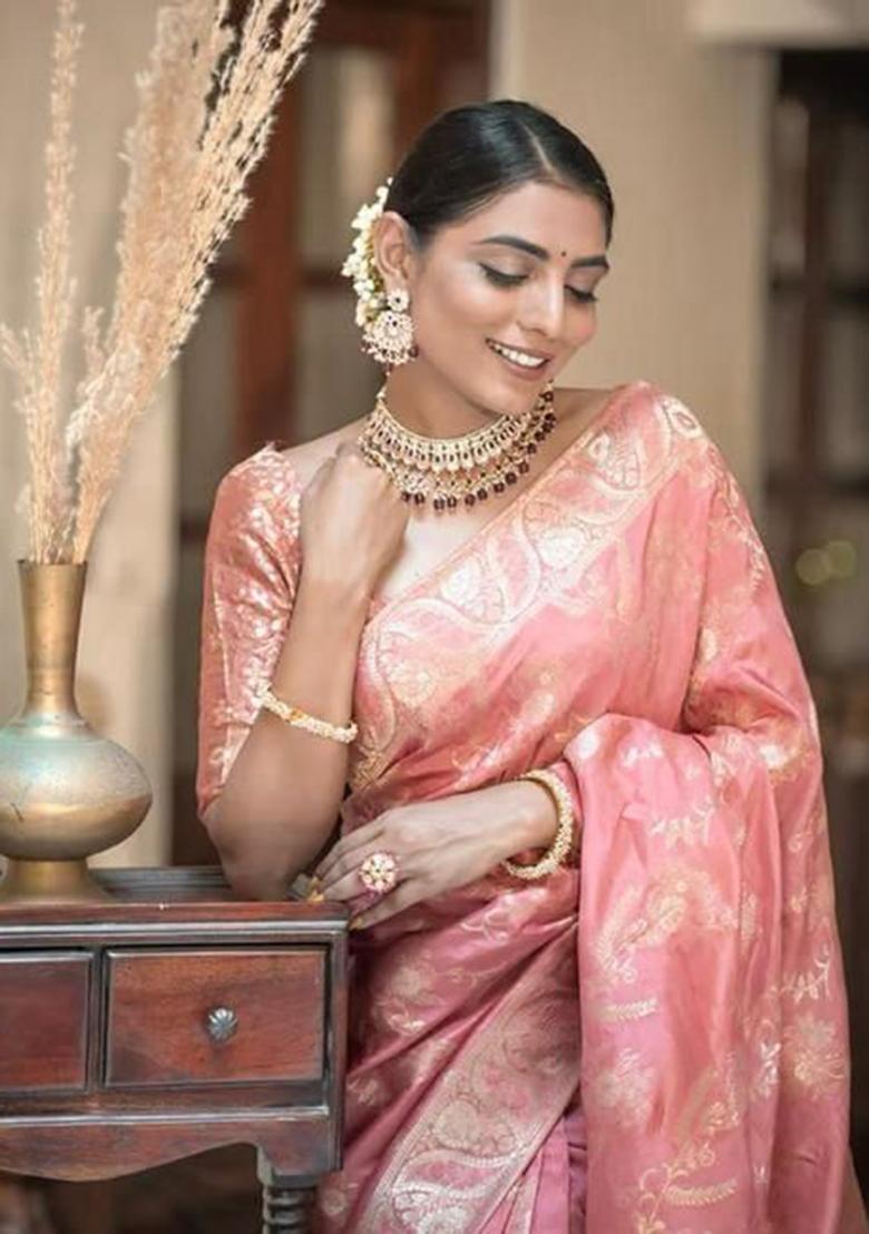 Peach Printed Silk Saree