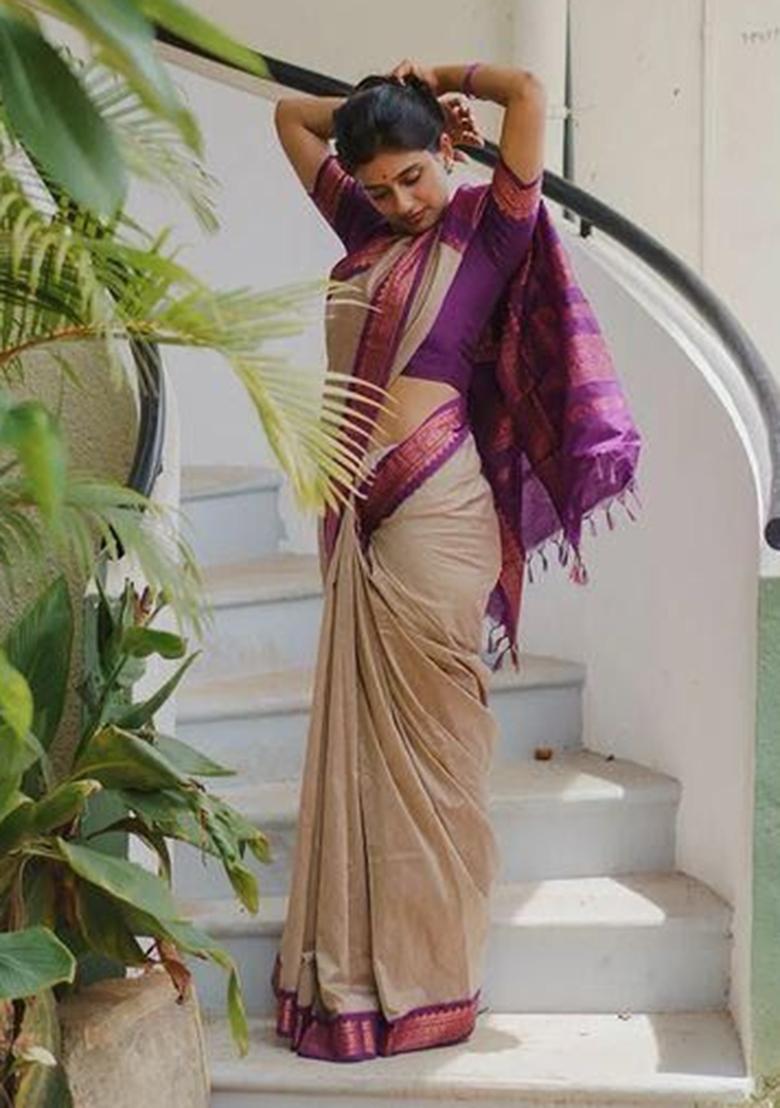 Beige Printed Silk Saree