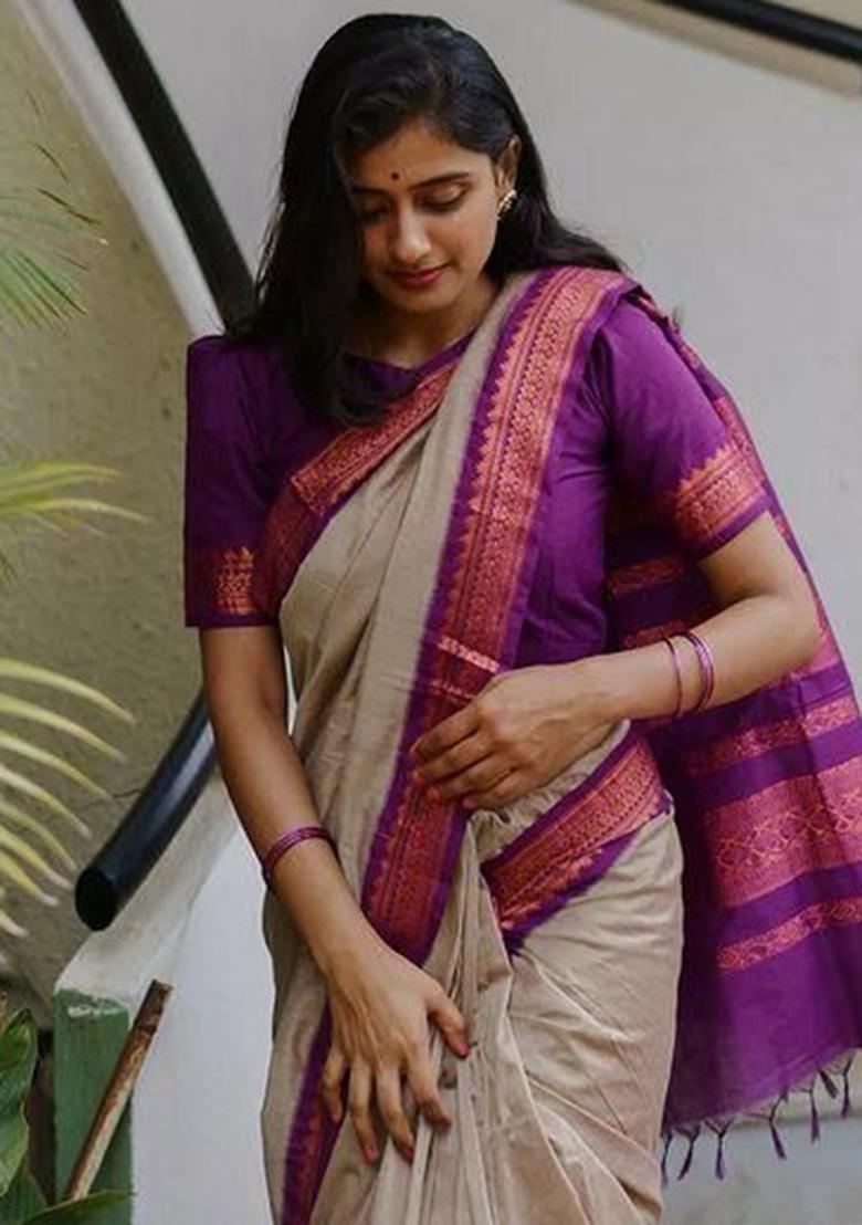 Beige Printed Silk Saree