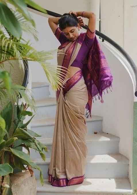 Beige Printed Silk Saree