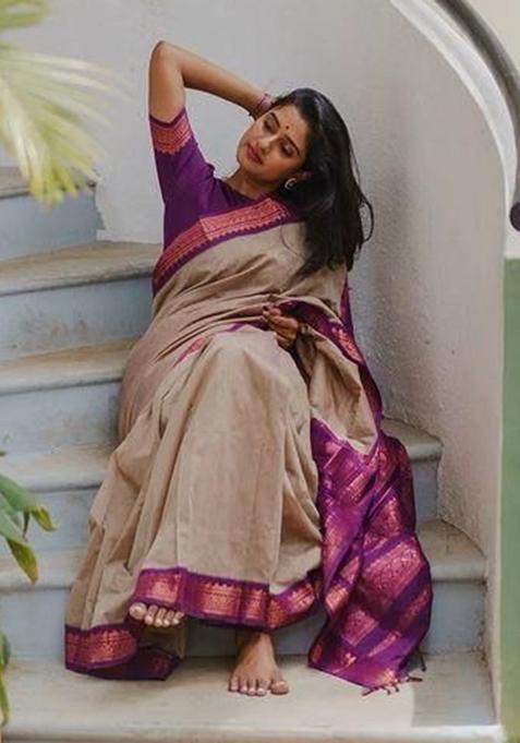 Beige Printed Silk Saree
