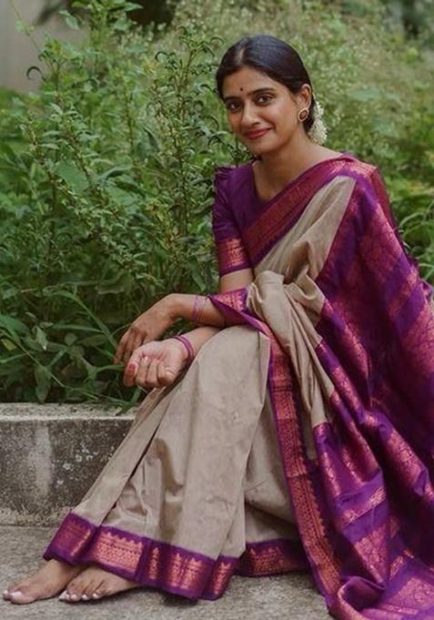 Beige Printed Silk Saree