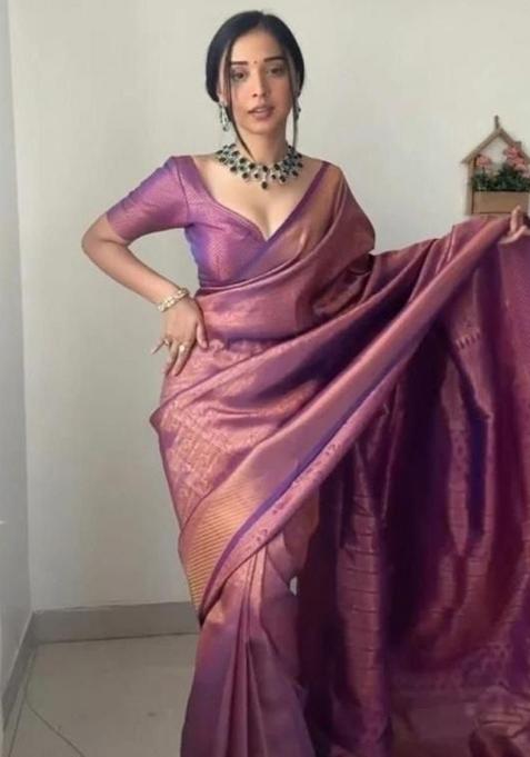 Pink Embroidered Silk Pre Stitched Saree Set