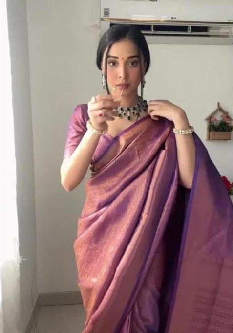 Pink Embroidered Silk Pre Stitched Saree Set