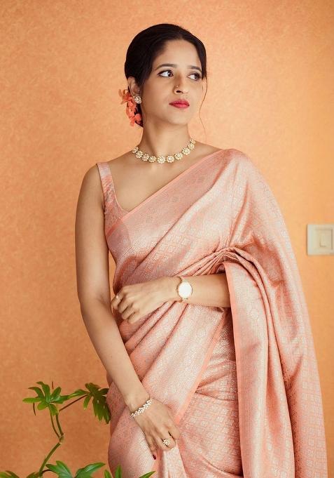 Peach Printed Silk Saree