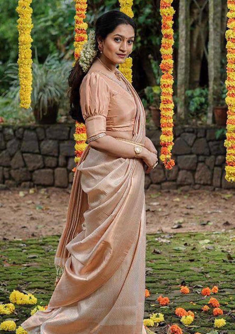 Beige Printed Silk Saree