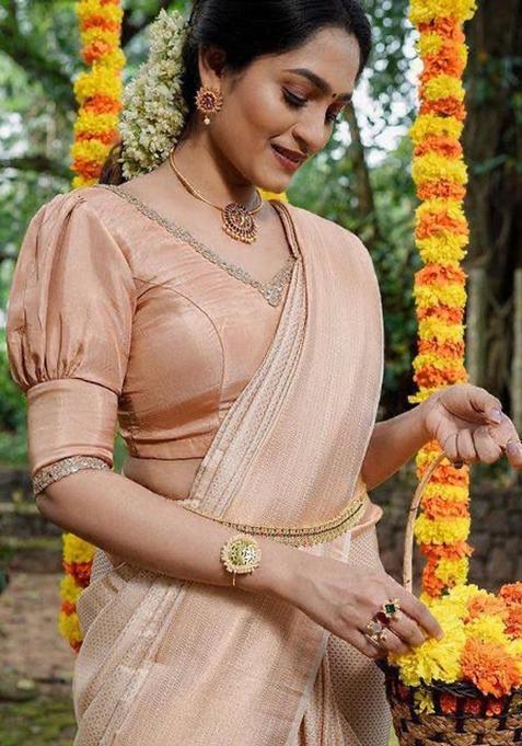 Beige Printed Silk Saree