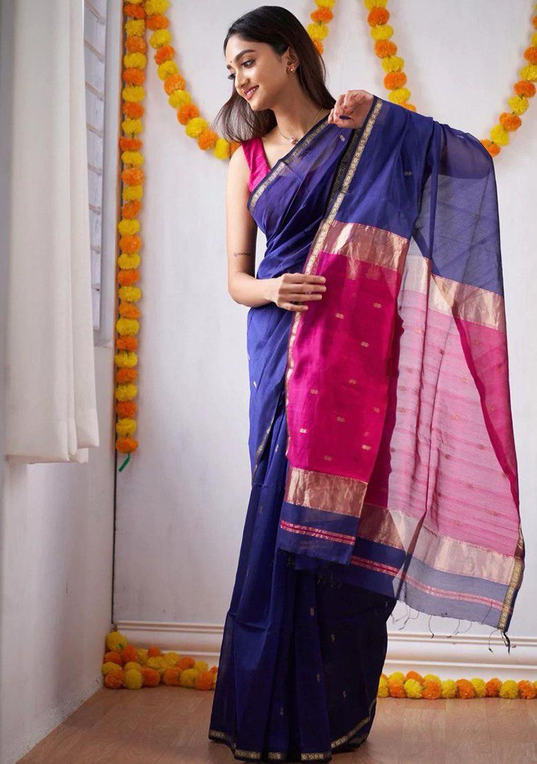 Blue Printed Linen Saree