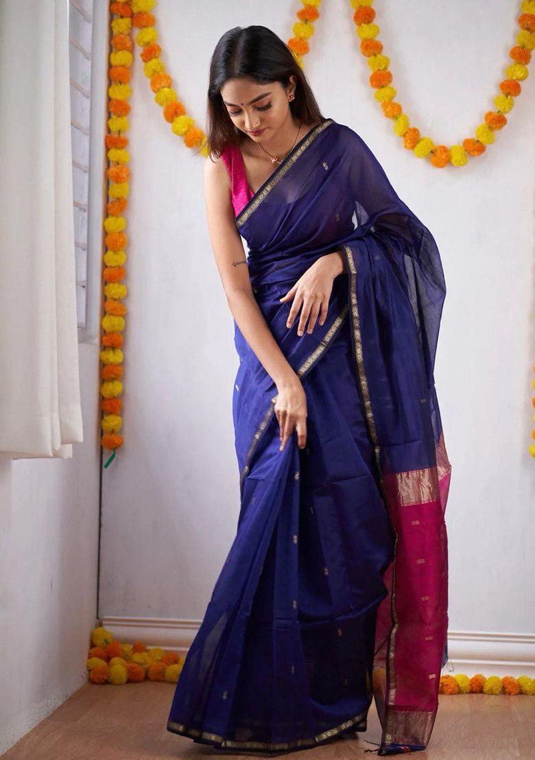 Blue Printed Linen Saree