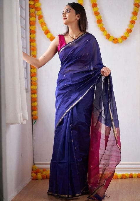 Blue Printed Linen Saree