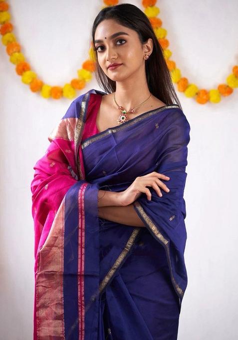 Blue Printed Linen Saree