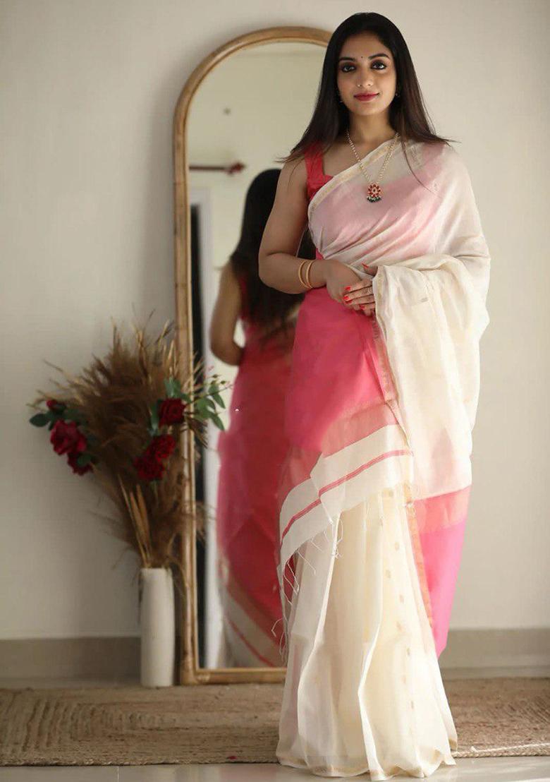 White Printed Linen Saree
