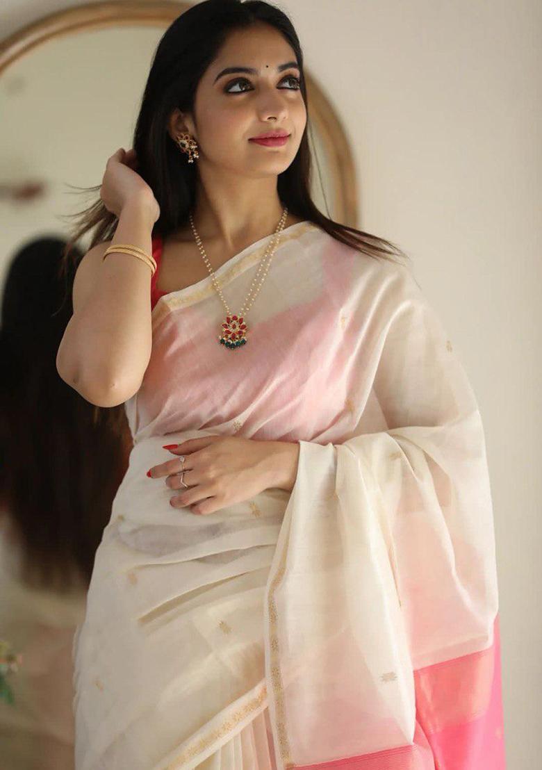 White Printed Linen Saree