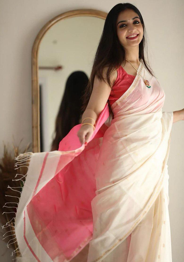 White Printed Linen Saree