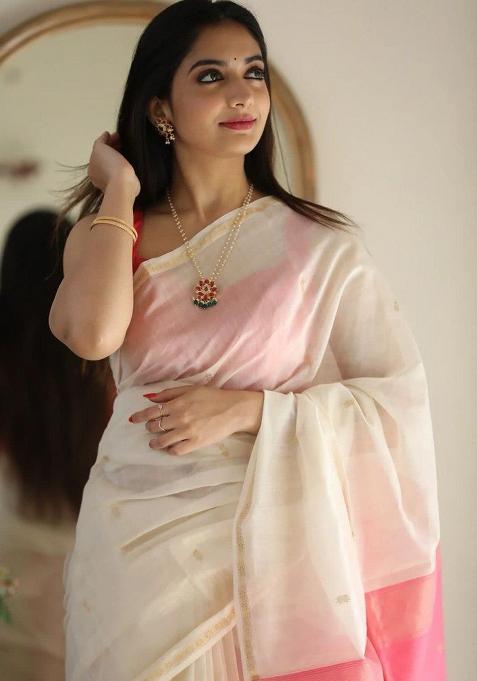 White Printed Linen Saree