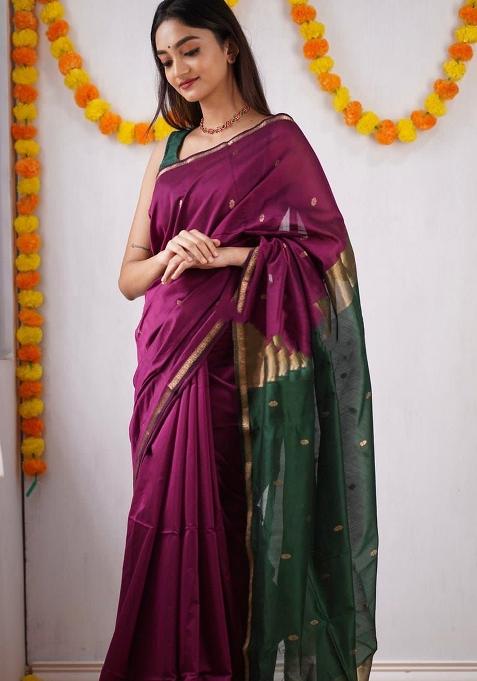 Wine Printed Linen Saree
