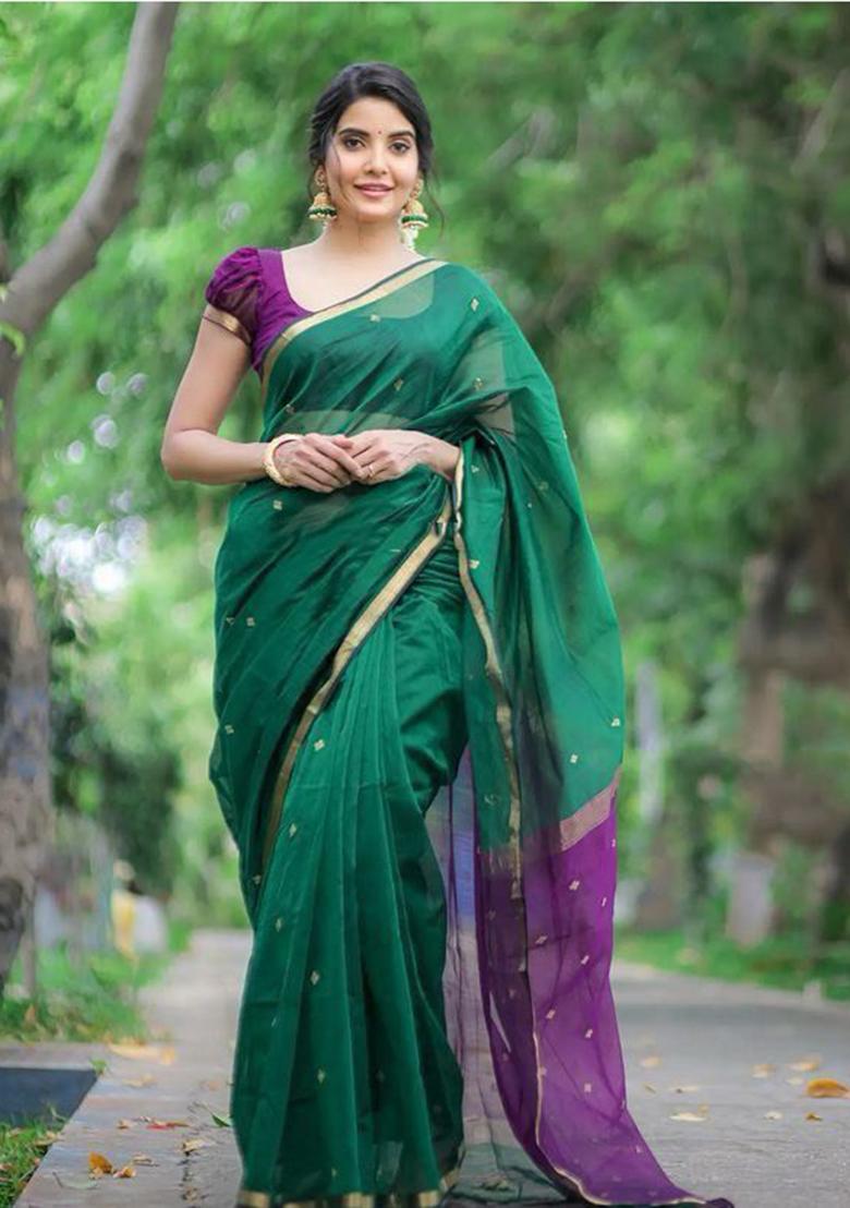 Green Printed Linen Saree