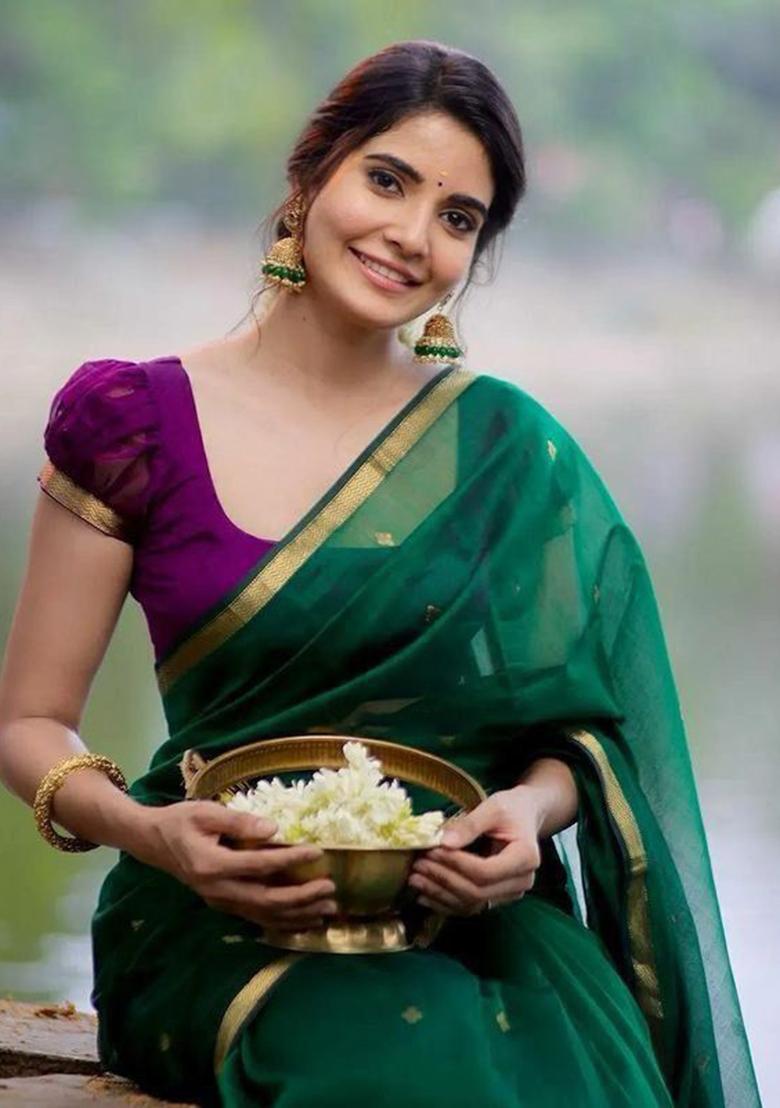 Green Printed Linen Saree