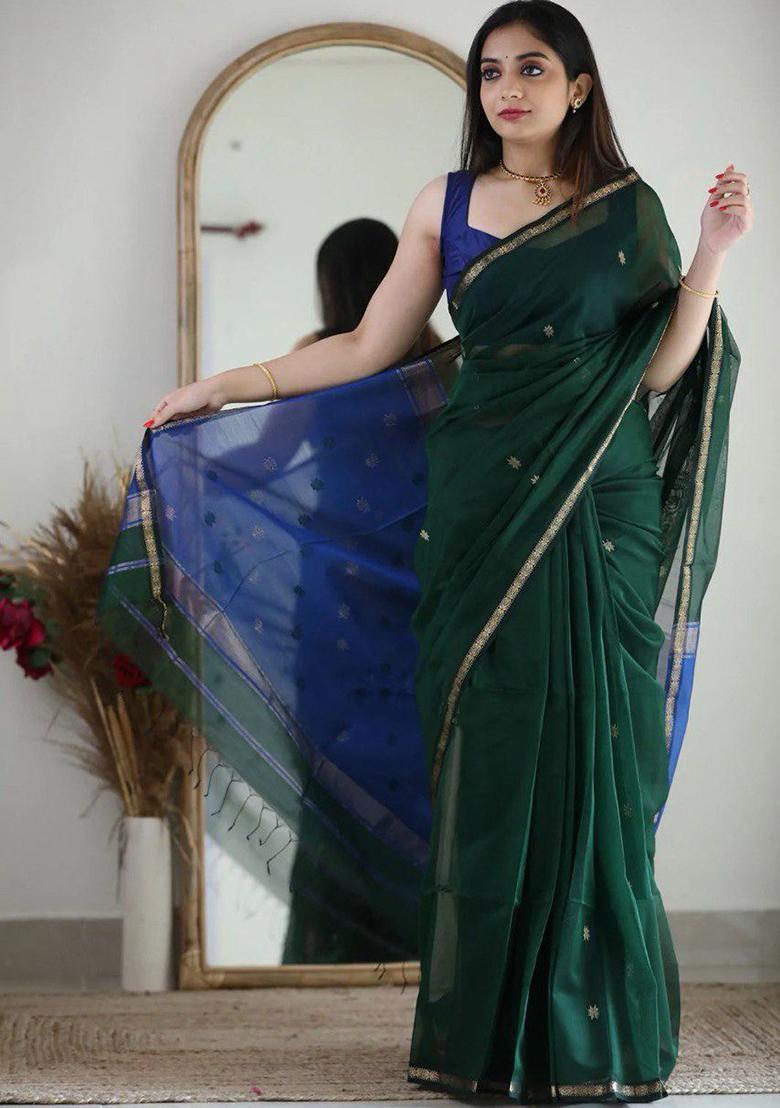 Bottle Green Printed Linen Saree