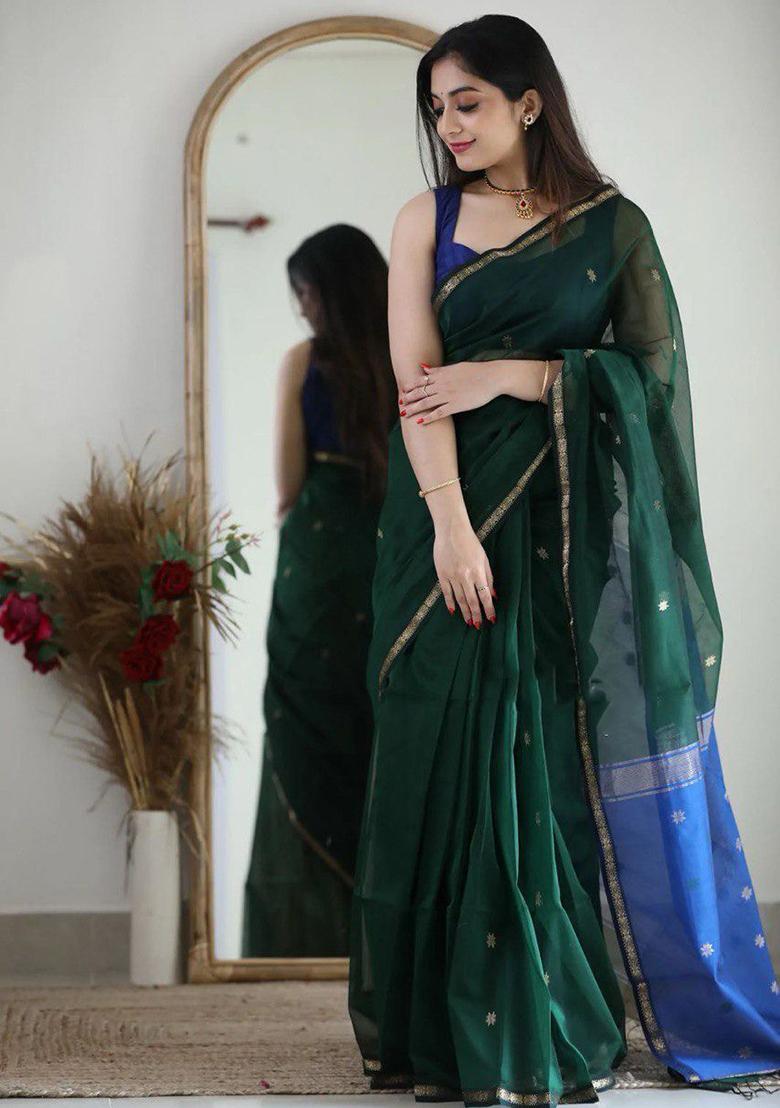 Bottle Green Printed Linen Saree