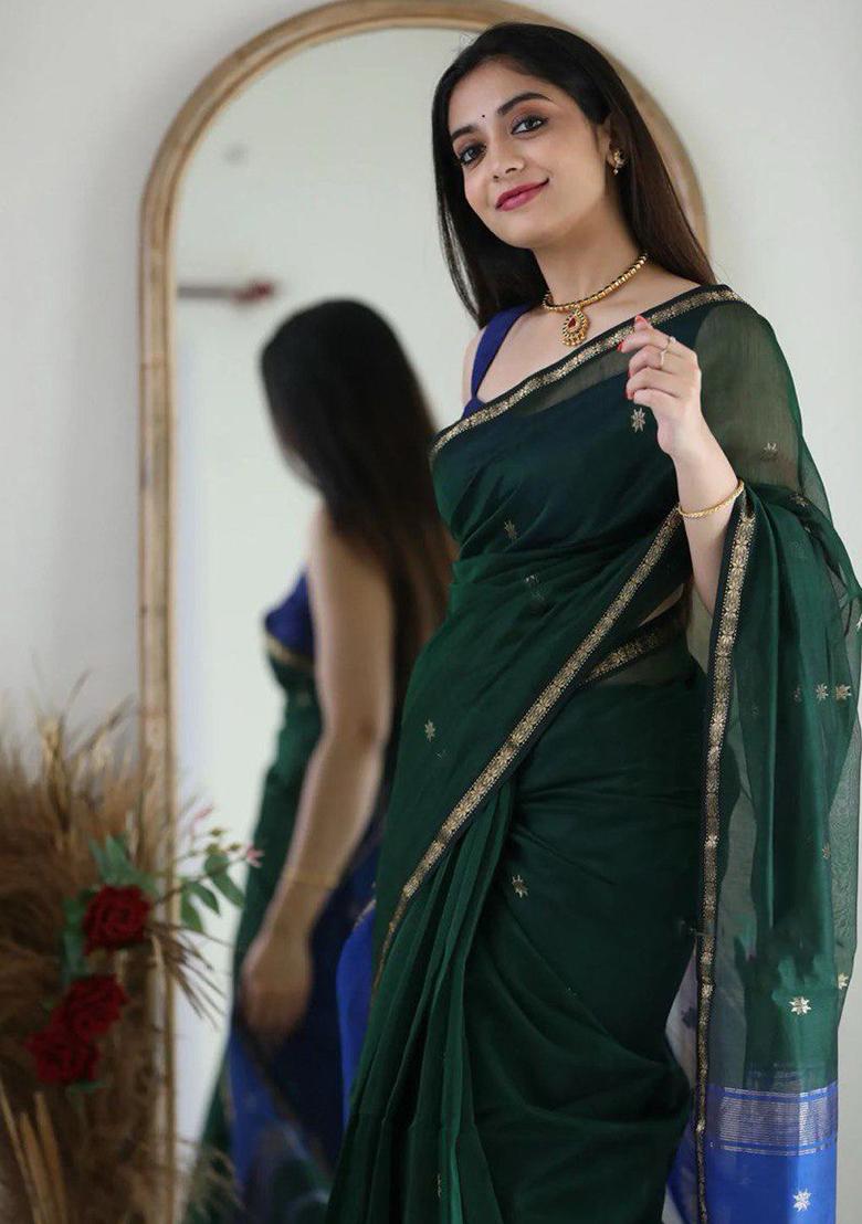 Bottle Green Printed Linen Saree