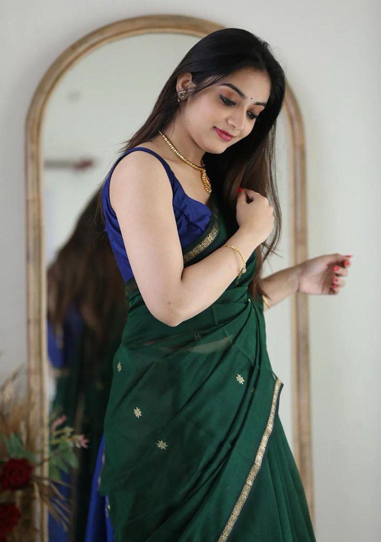 Bottle Green Printed Linen Saree