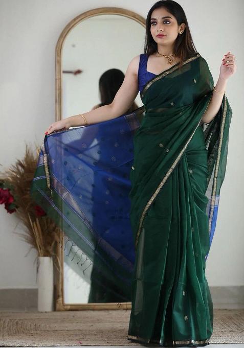 Bottle Green Printed Linen Saree