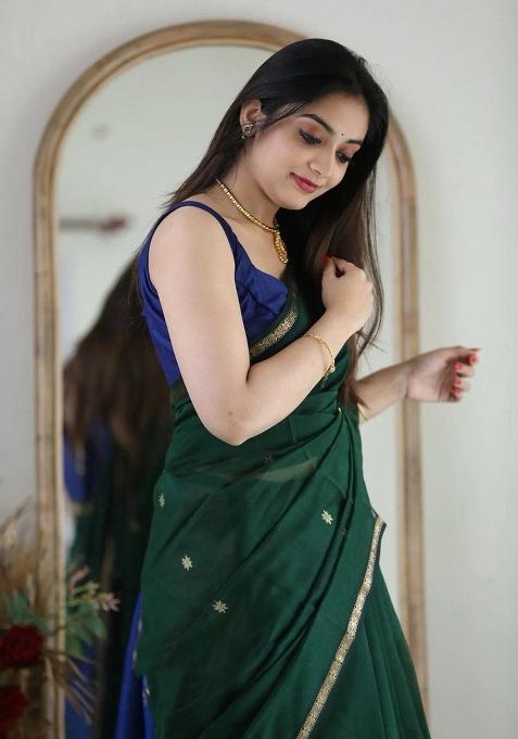 Bottle Green Printed Linen Saree