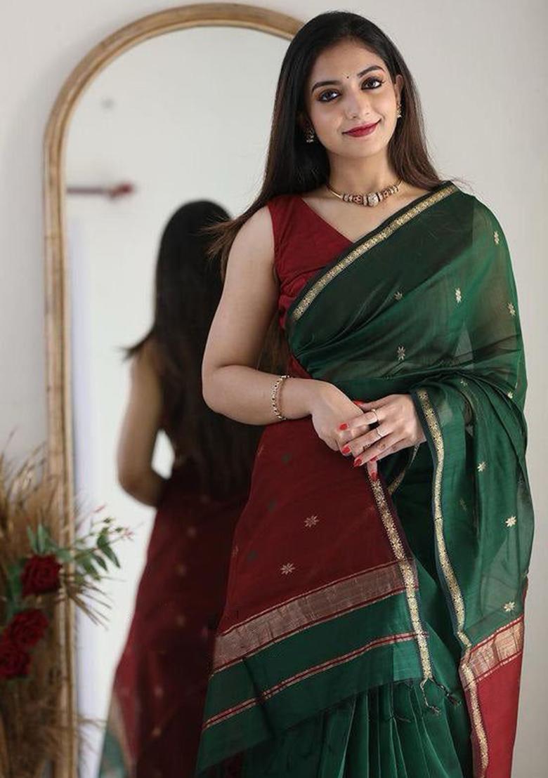Dark Green Printed Linen Saree