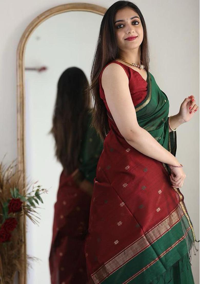 Dark Green Printed Linen Saree