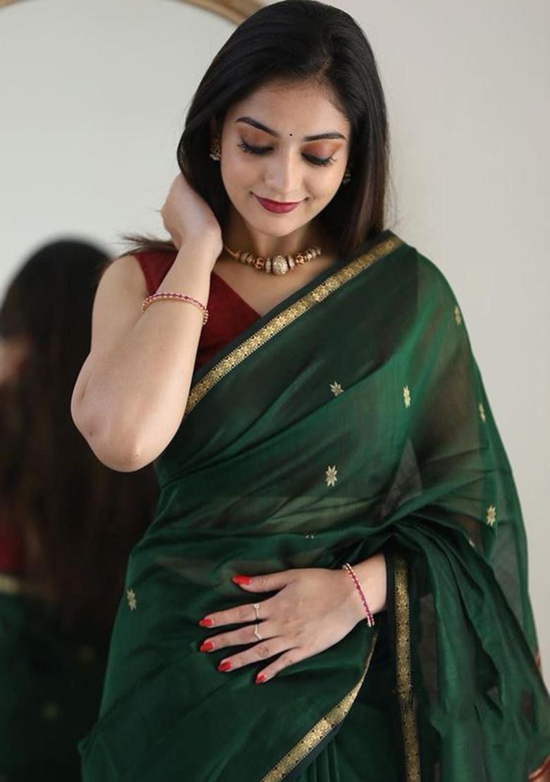 Dark Green Printed Linen Saree