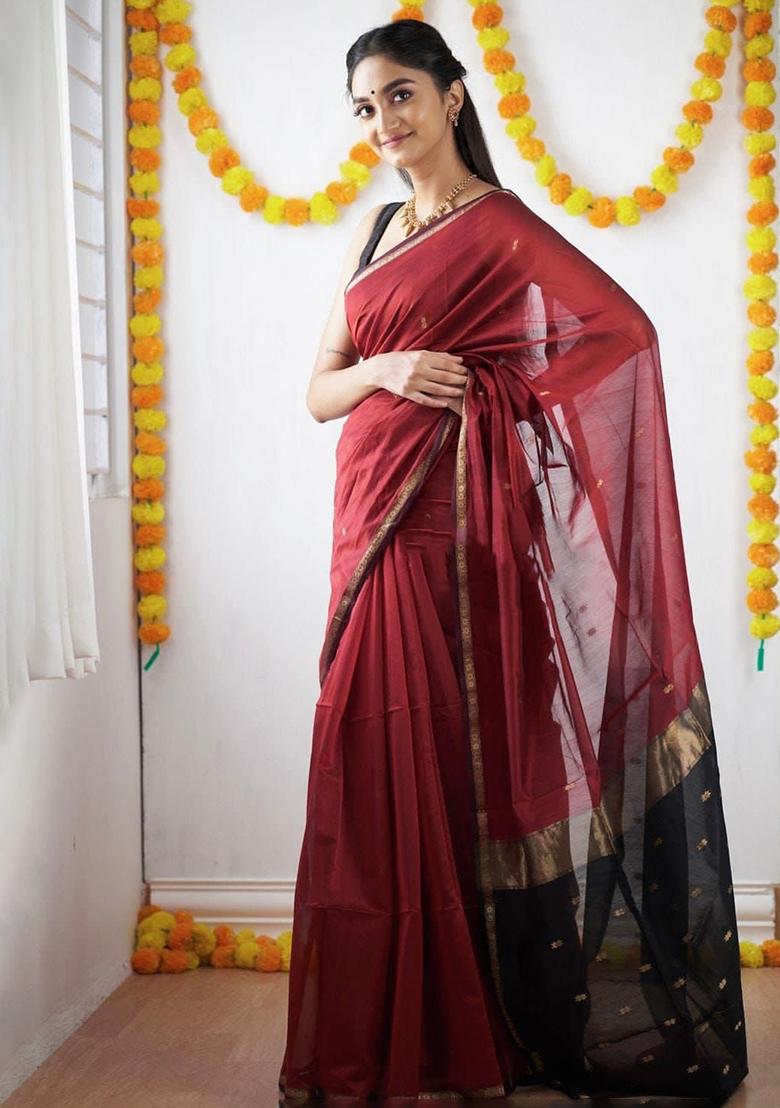 Red Printed Linen Saree
