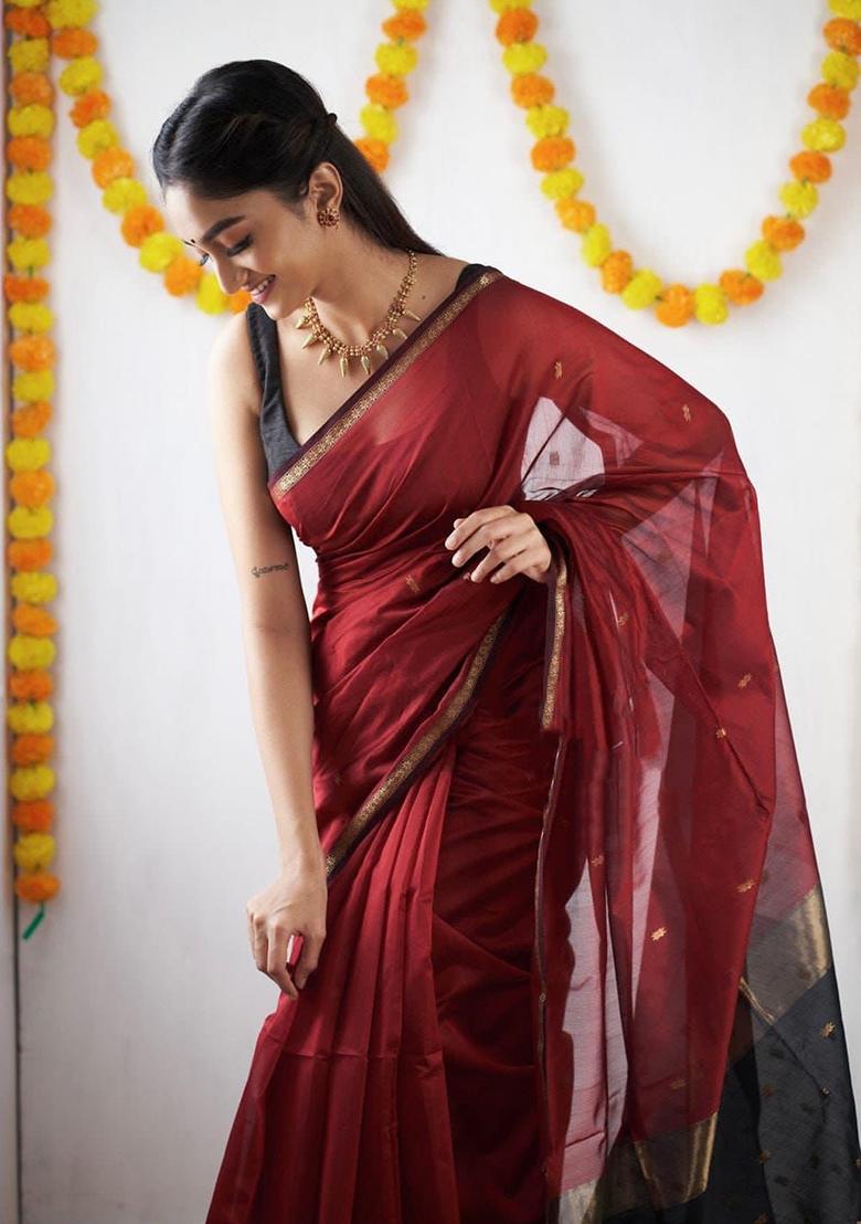 Red Printed Linen Saree