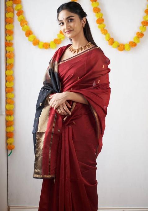 Red Printed Linen Saree