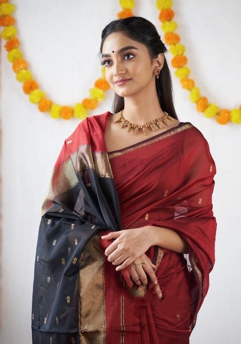 Red Printed Linen Saree